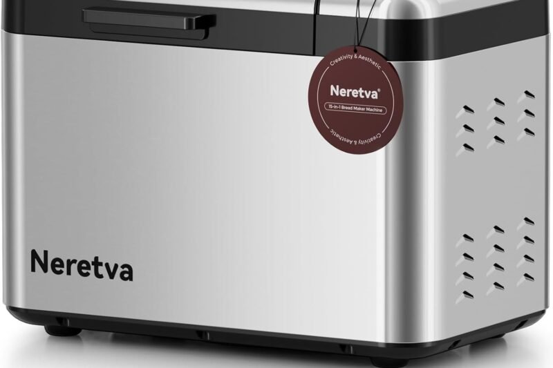 Neretva Bread Maker, 3.3LB Larger Bread Machine 15-in-1 Stainless Steel & Nonstick Ceramic Pan & Auto Nut Dispenser Breadmaker Machines Full Touch Panel with Gluten Free White Wheat Rye French Pizza
