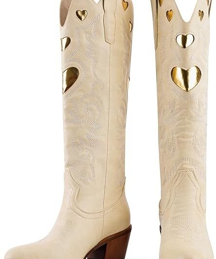 Cowboy Boots for Women Wide Calf Round Toe Chunky Stacked Heel Knee High Cowgirl Boot Heart Pattern Classic Embroidered Tall Western Booties Pull On